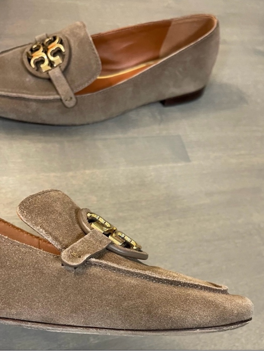 Tory Burch Taupe Suede Logo Medallion Loafers - Picture 8 of 8